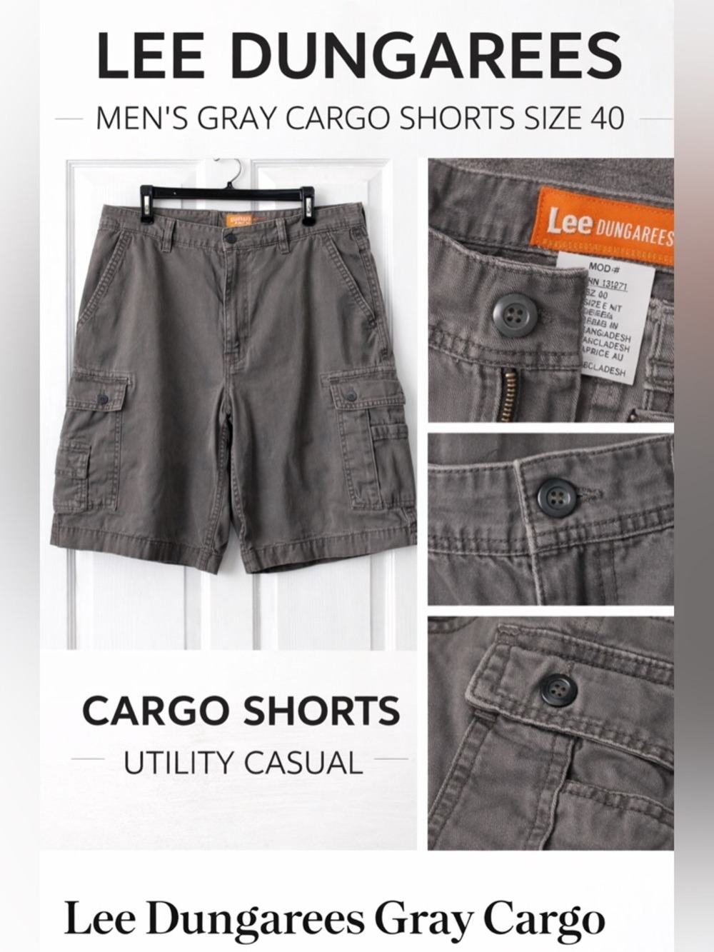 Lee Dungarees Gray Cargo Shorts Mens Size 40 Cotton Utility Casual